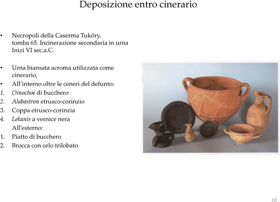 Oinochoe di bucchero 2. Alabastron etrusco-corinzio 3. Coppa etrusco-corinzia 4.