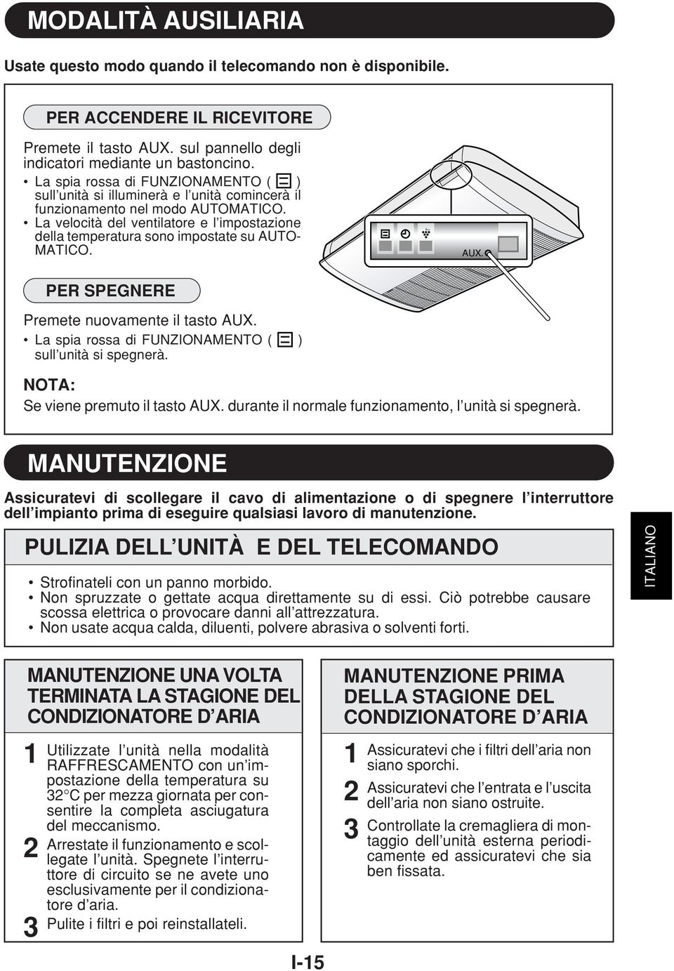 La velocità del ventilatore e l impostazione della temperatura sono impostate su AUTO- MATICO. AUX. PER SPEGNERE Premete nuovamente il tasto AUX.