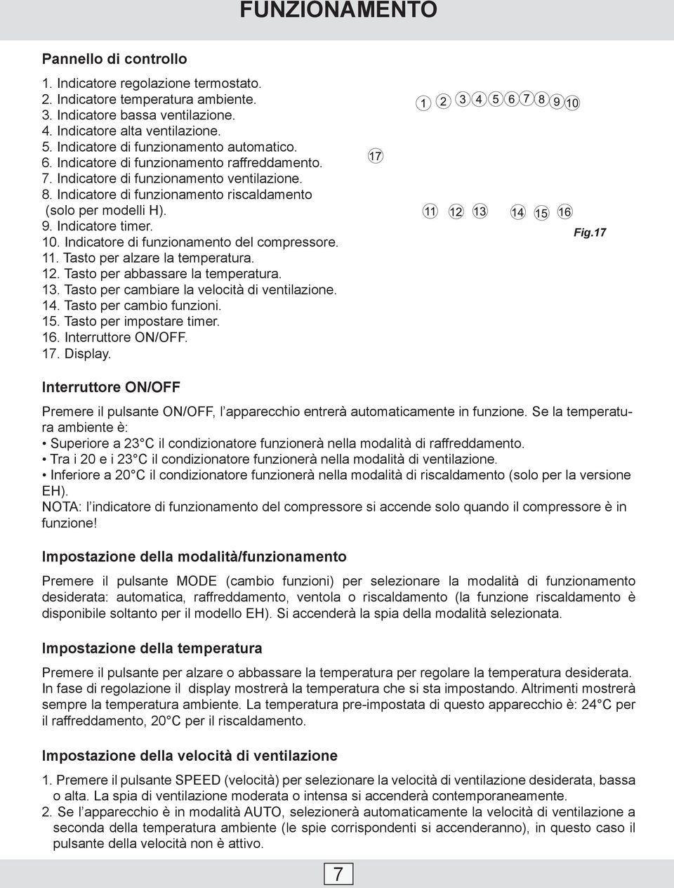 9. Indicatore timer. 10. Indicatore di funzionamento del compressore. 11. Tasto per alzare la temperatura. 12. Tasto per abbassare la temperatura. 13. Tasto per cambiare la velocità di ventilazione.