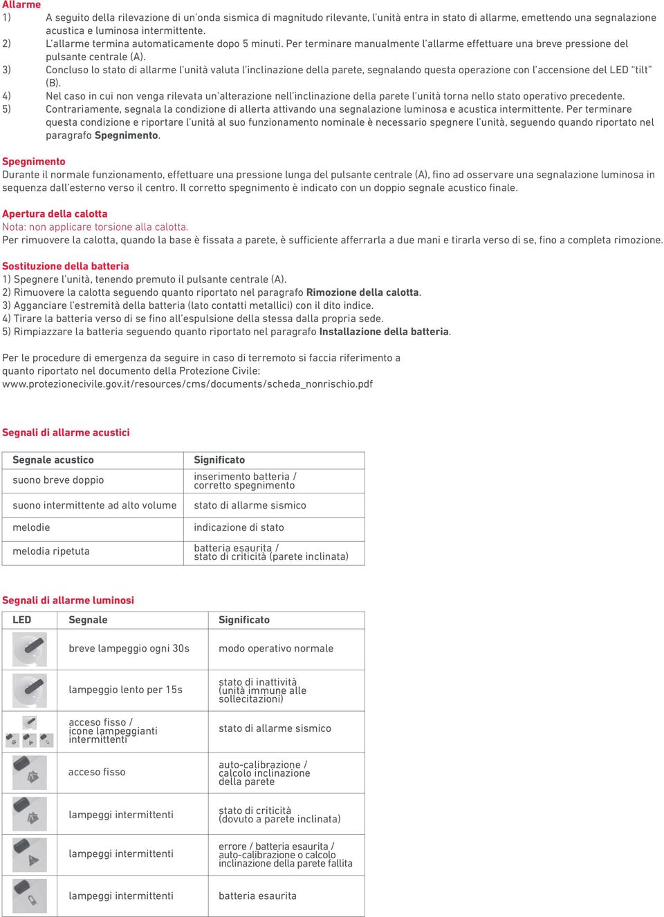 3) Concluso lo stato di allarme l unità valuta l inclinazione della parete, segnalando questa operazione con del LED tilt (B).