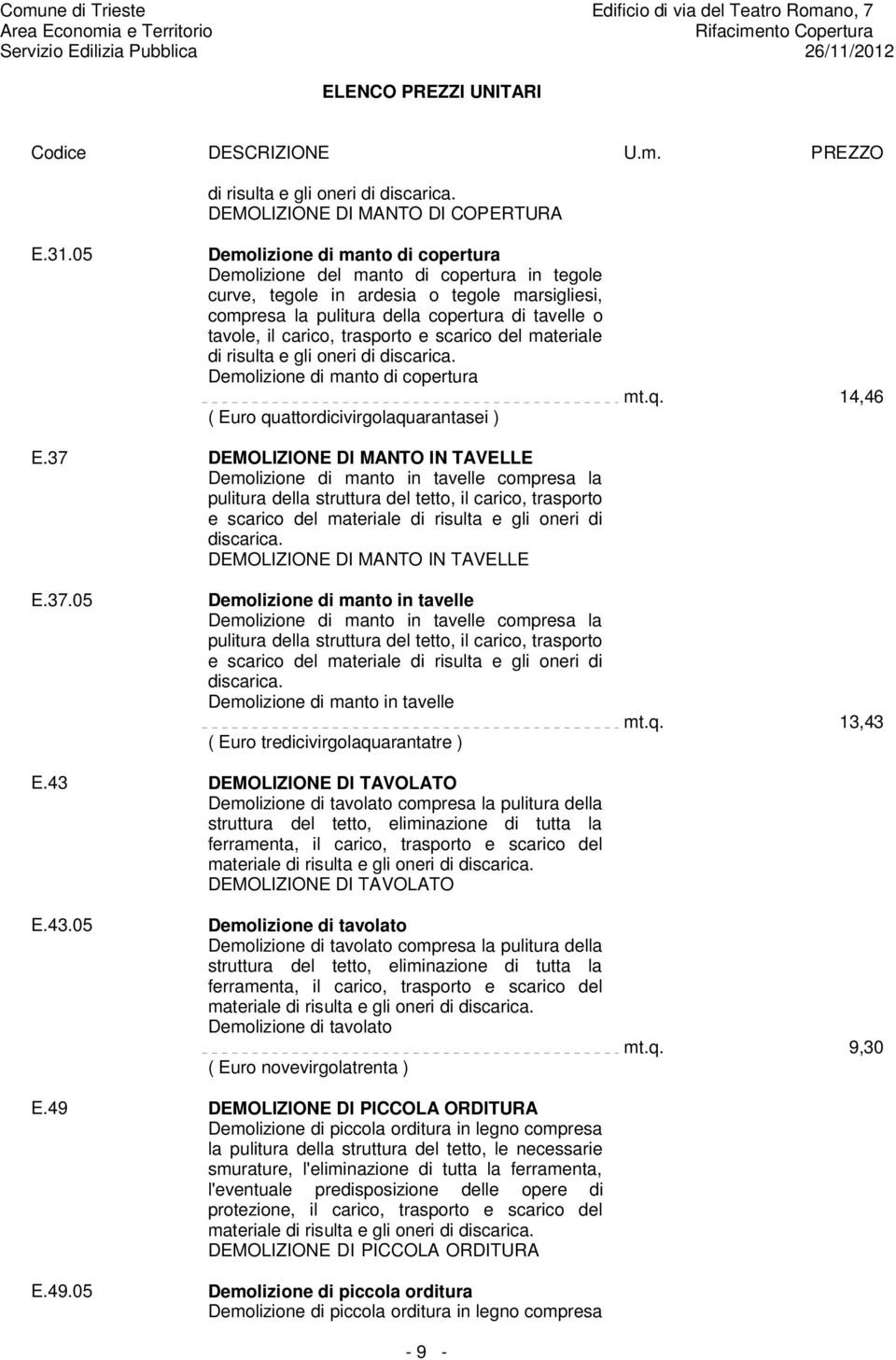 trasporto e scarico del materiale di risulta e gli oneri di discarica. Demolizione di manto di copertura ( Euro quattordicivirgolaquarantasei ) mt.q. 14,46 E.