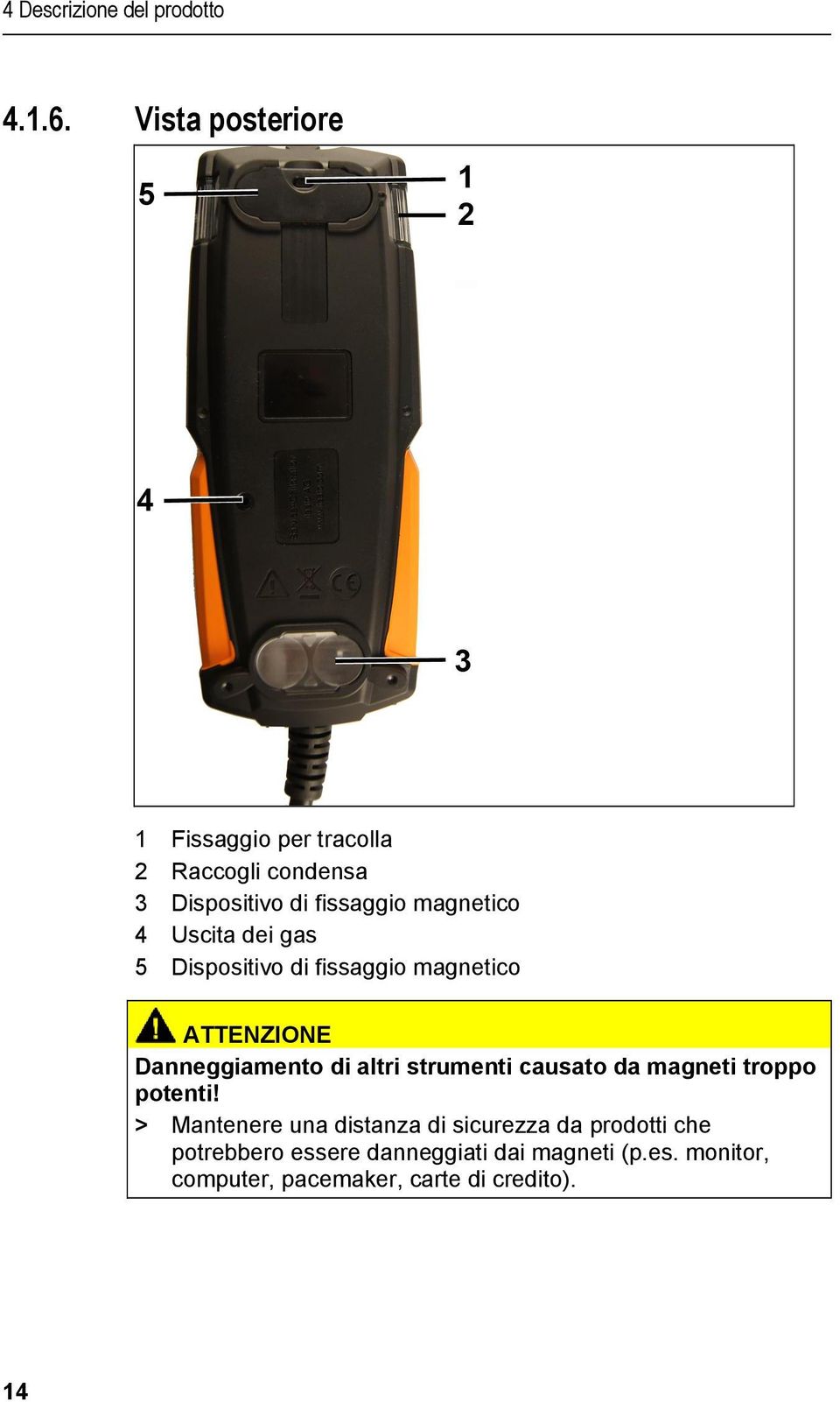 Uscita dei gas 5 Dispositivo di fissaggio magnetico ATTENZIONE Danneggiamento di altri strumenti causato