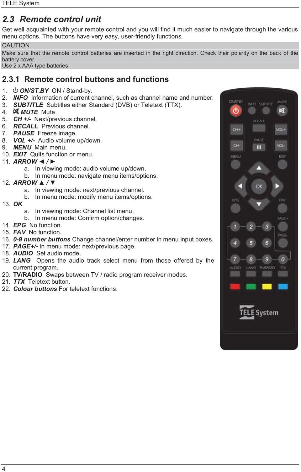 Use 2 x AAA type batteries 2.3.1 Remote control buttons and functions 1. ON/ST.BY ON / Stand-by. 2. INFO Information of current channel, such as channel name and number. 3.
