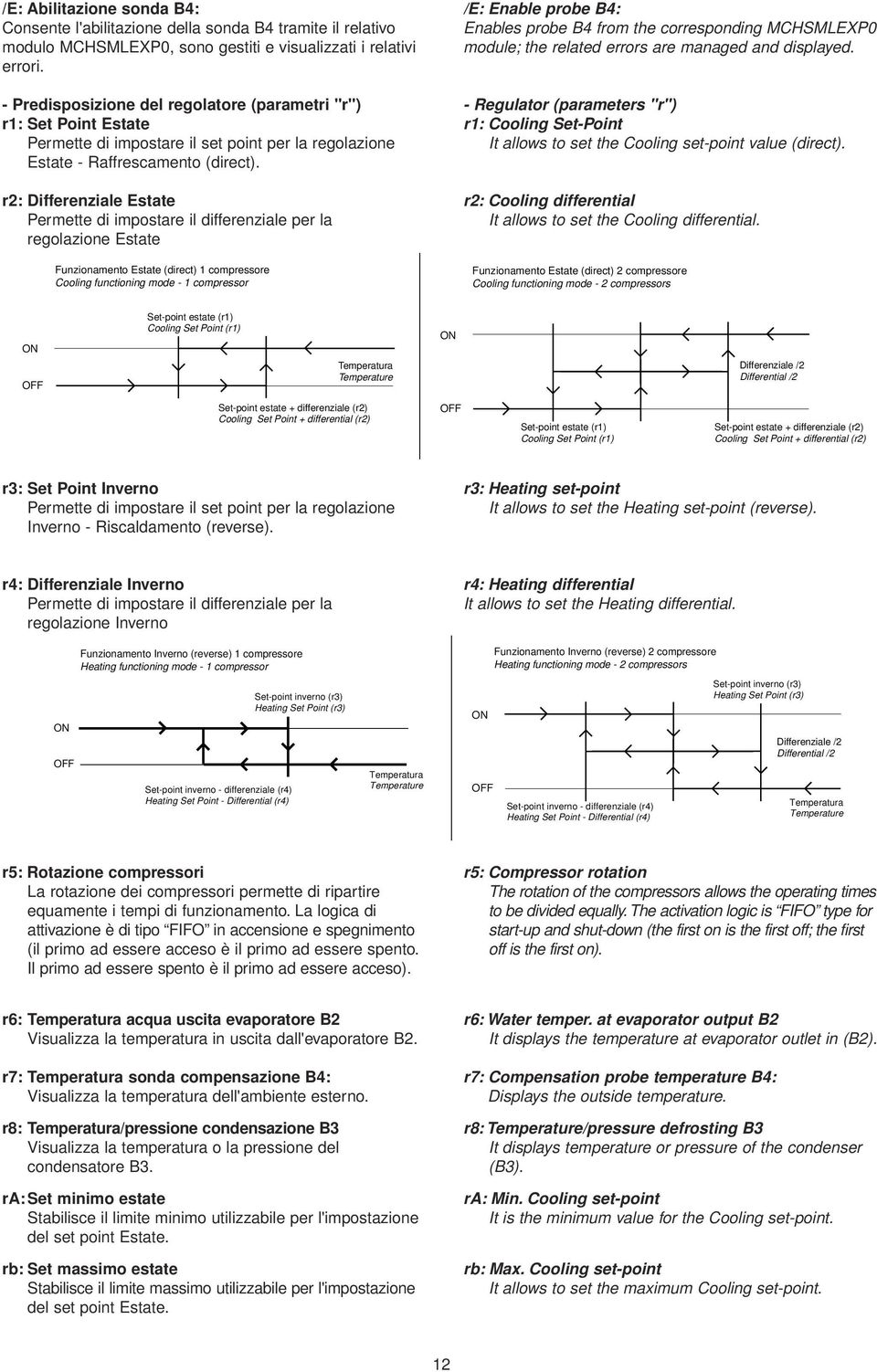 r2: Differenziale Estate Permette di impostare il differenziale per la regolazione Estate Funzionamento Estate (direct) 1 compressore Cooling functioning mode - 1 compressor /E: Enable probe B4: