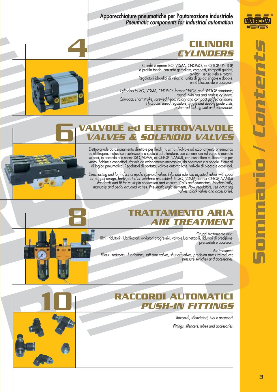 Cylinders to ISO, VDMA, CNOMO, former CETOP, and UNITOP standards; round, twin rod and rodless cylinders. Compact, short stroke, screwed-head, rotary and compact guided cylinders.