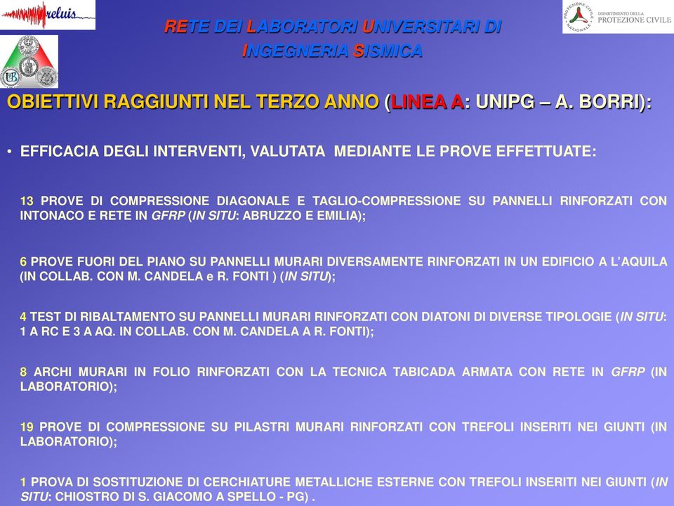 ABRUZZO E EMILIA); 6 PROVE FUORI DEL PIANO SU PANNELLI MURARI DIVERSAMENTE RINFORZATI IN UN EDIFICIO A L AQUILA (IN COLLAB. CON M. CANDELA e R.