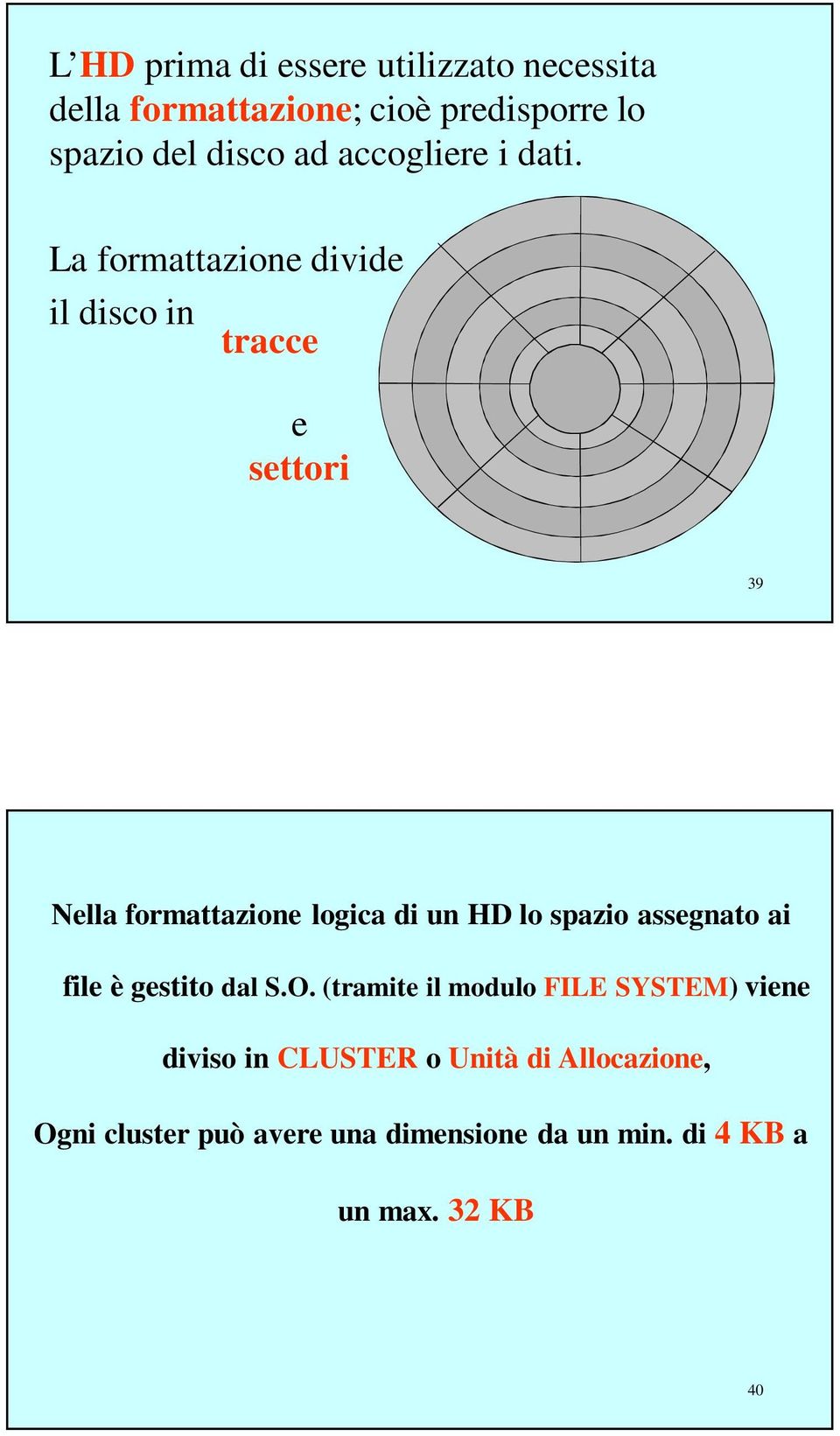 La formattazione divide il disco in tracce e settori 39 Nella formattazione logica di un HD lo spazio