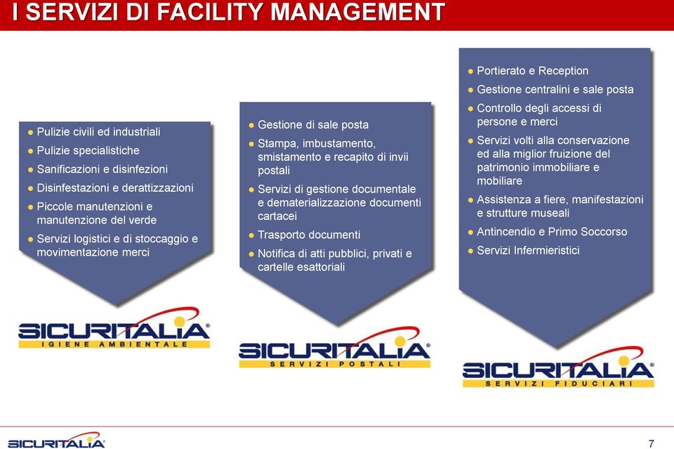 documenti cartacei Trasporto documenti Notifica di atti pubblici, privati e cartelle esattoriali Portierato e Reception Gestione centralini e sale posta Controllo degli accessi di persone e merci