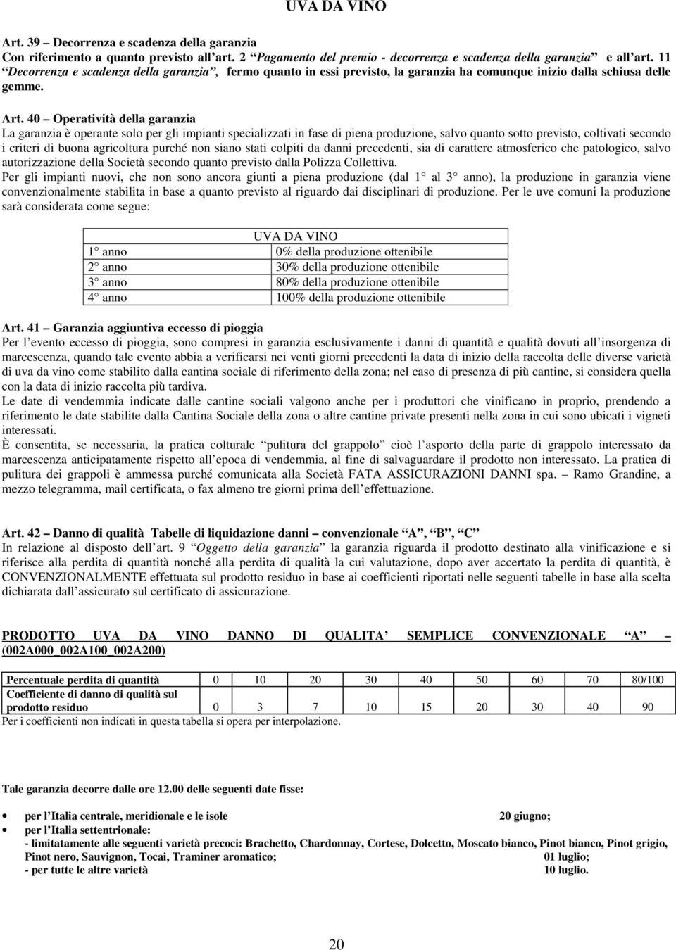 40 Operatività della garanzia La garanzia è operante solo per gli impianti specializzati in fase di piena produzione, salvo quanto sotto previsto, coltivati secondo i criteri di buona agricoltura