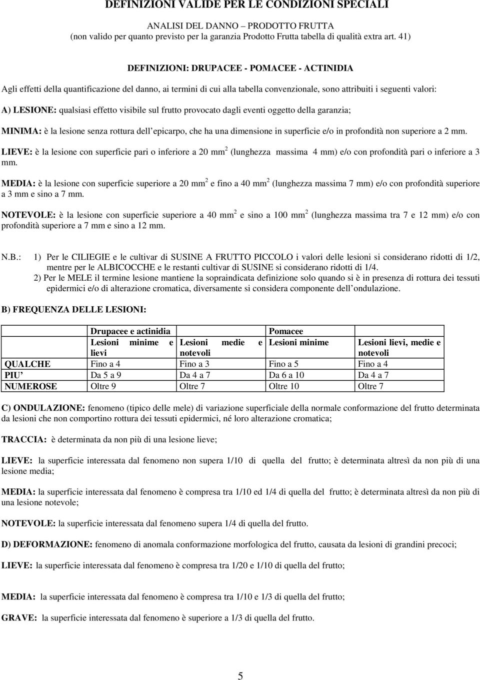 effetto visibile sul frutto provocato dagli eventi oggetto della garanzia; MINIMA: è la lesione senza rottura dell epicarpo, che ha una dimensione in superficie e/o in profondità non superiore a 2 mm.