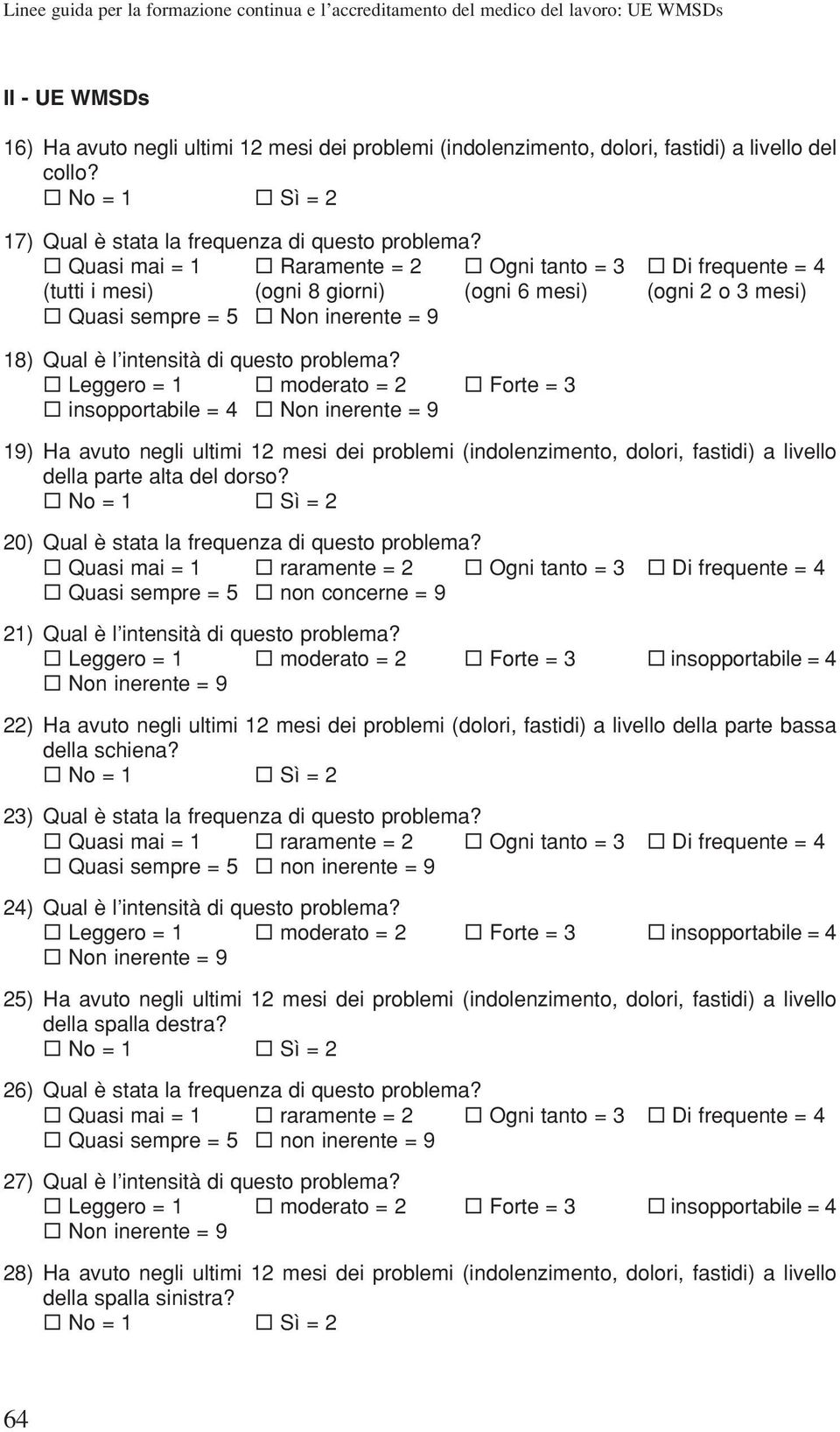 Quasi mai = 1 Raramente = 2 Ogni tanto = 3 Di frequente = 4 (tutti i mesi) (ogni 8 giorni) (ogni 6 mesi) (ogni 2 o 3 mesi) Quasi sempre = 5 Non inerente = 9 18) Qual è l intensità di questo problema?