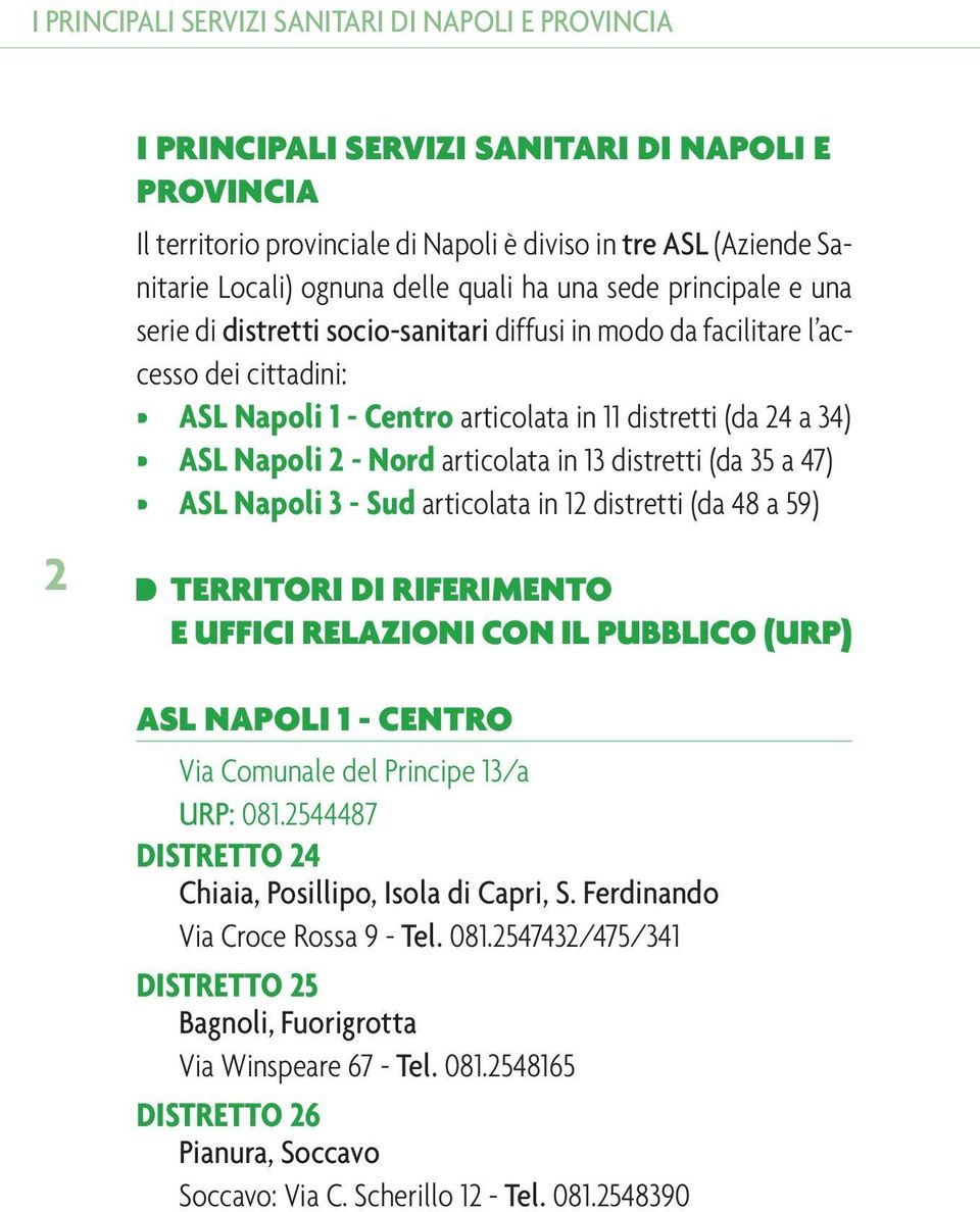 Napoli 2 - Nord articolata in 13 distretti (da 35 a 47) ASL Napoli 3 - Sud articolata in 12 distretti (da 48 a 59) TERRITORI DI RIFERIMENTO E UFFICI RELAZIONI CON IL PUBBLICO (URP) ASL NAPOLI 1 -