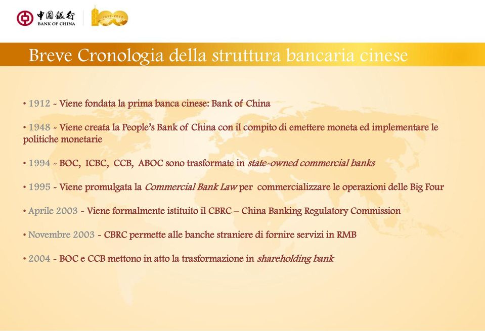 promulgata la Commercial Bank Law per commercializzare le operazioni delle Big Four Aprile 2003 - Viene formalmente istituito il CBRC China Banking Regulatory