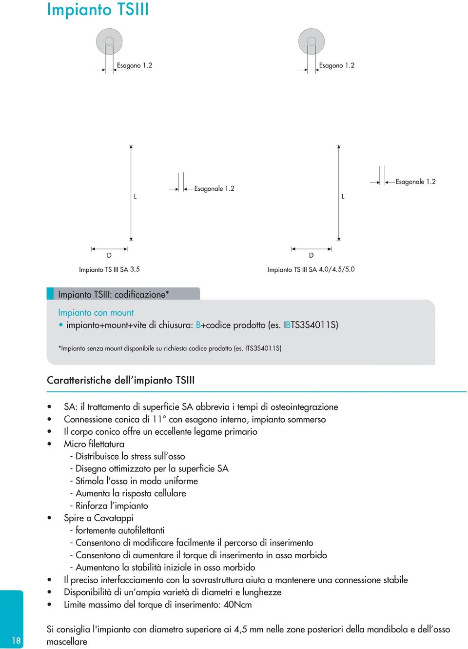 ITS3S4011S) Caratteristiche dell impianto tsiii SA: il trattamento di superficie SA abbrevia i tempi di osteointegrazione Connessione conica di 11 con esagono interno, impianto sommerso Il corpo