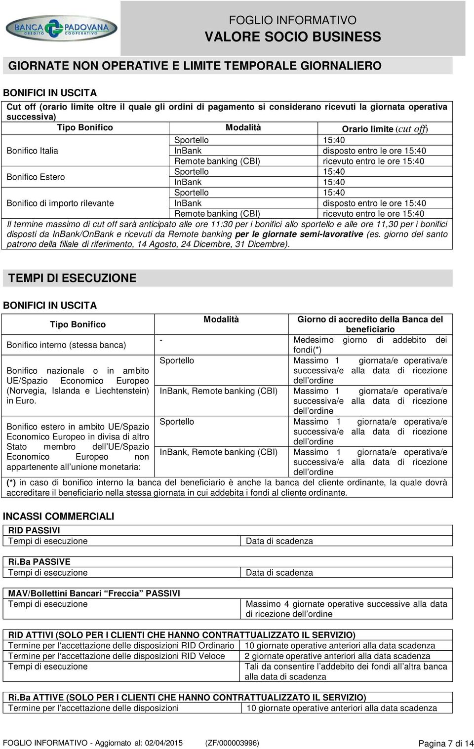 15:40 Sportello 15:40 Bonifico di importo rilevante InBank disposto entro le ore 15:40 Remote banking (CBI) ricevuto entro le ore 15:40 Il termine massimo di cut off sarà anticipato alle ore 11:30