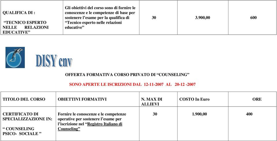 900,00 600 OFFERTA FORMATIVA CORSO PRIVATO DI COUNSELING SONO APERTE LE ISCRIZIONI DAL 12-11-2007 AL 20-12 -2007 TITOLO DEL CORSO OBIETTIVI FORMATIVI N.