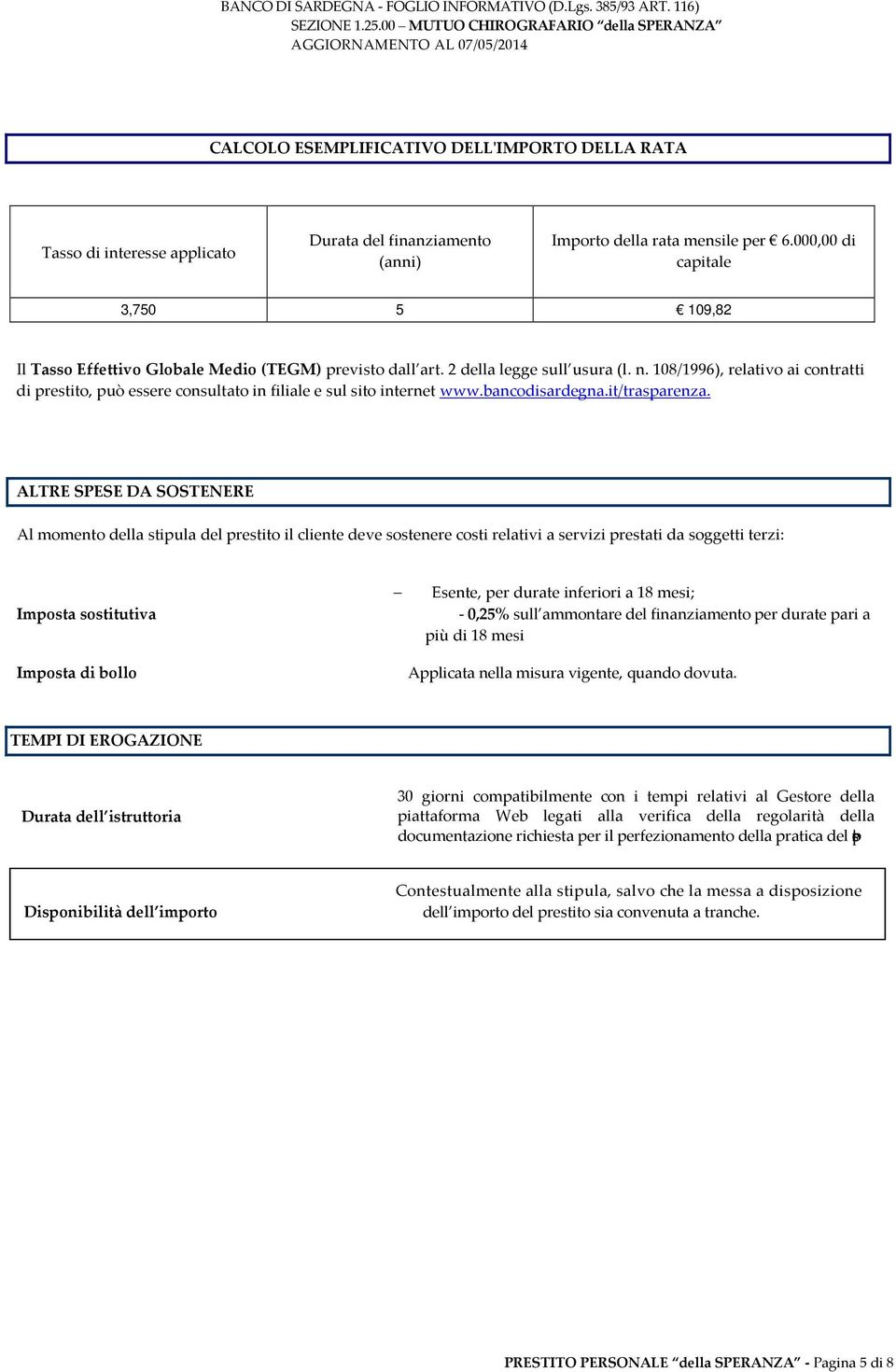 108/1996), relativo ai contratti di prestito, può essere consultato in filiale e sul sito internet www.bancodisardegna.it/trasparenza.