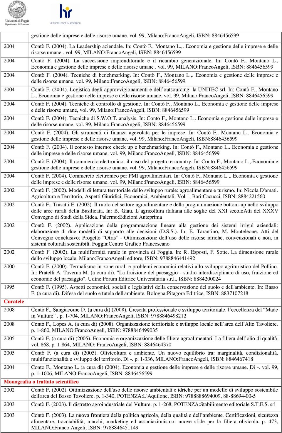 , Economia e gestione delle imprese e delle risorse umane. vol. 99, MILANO:FrancoAngeli, ISBN: 8846456599 2004 Contò F. (2004). Tecniche di benchmarking. In: Contò F., Montano L.,. Economia e gestione delle imprese e delle risorse umane. vol. 99, Milano:FrancoAngeli, ISBN: 8846456599 2004 Contò F.