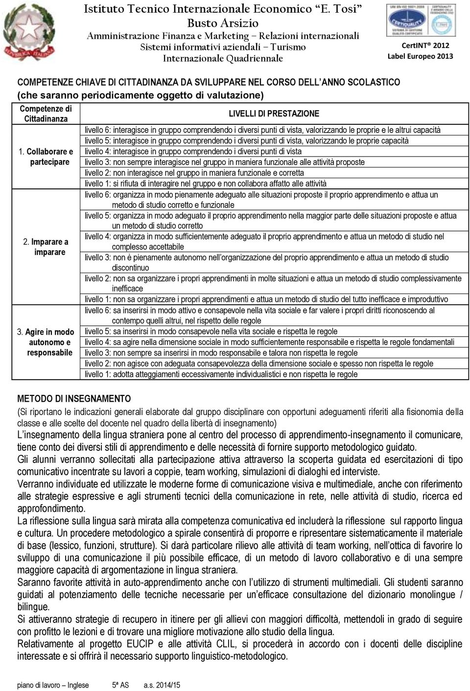 Agire in modo autonomo e responsabile livello 6: interagisce in gruppo comprendendo i diversi punti di vista, valorizzando le proprie e le altrui capacità livello 5: interagisce in gruppo