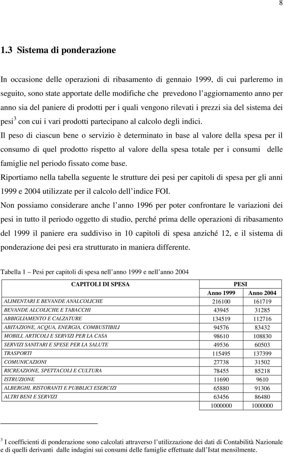 Il peso di ciascun bene o servizio è determinato in base al valore della spesa per il consumo di quel prodotto rispetto al valore della spesa totale per i consumi delle famiglie nel periodo fissato