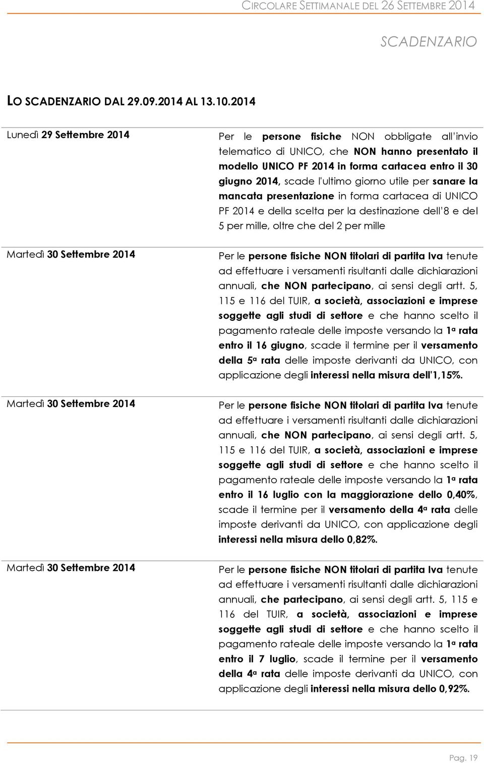 l'ultimo giorno utile per sanare la mancata presentazione in forma cartacea di UNICO PF 2014 e della scelta per la destinazione dell 8 e del 5 per mille, oltre che del 2 per mille Per le persone