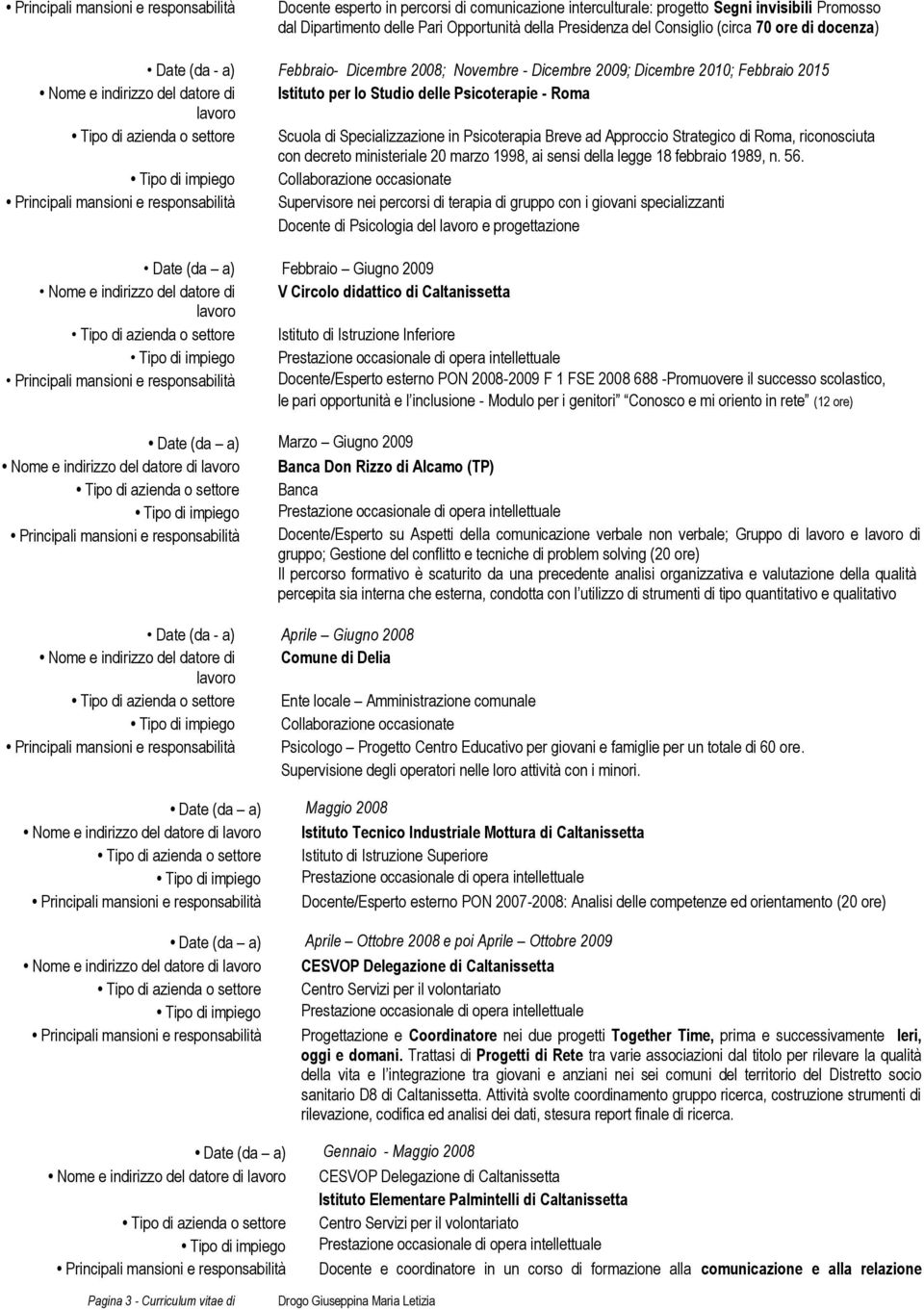 settore Scuola di Specializzazione in Psicoterapia Breve ad Approccio Strategico di Roma, riconosciuta con decreto ministeriale 20 marzo 1998, ai sensi della legge 18 febbraio 1989, n. 56.