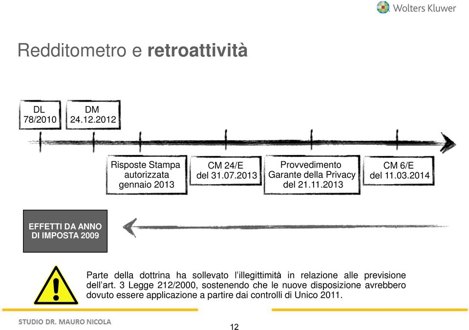 2014 EFFETTI DA ANNO DI IMPOSTA 2009 Parte della dottrina ha sollevato l illegittimità in relazione alle