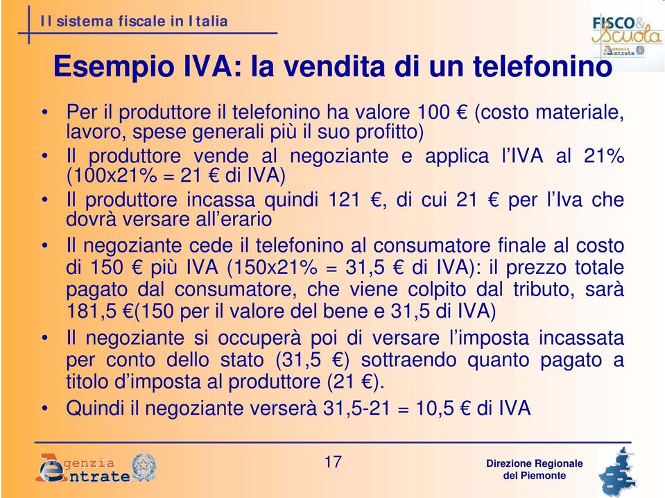 consumatore finale al costo di 150 più IVA (150x21% = 31,5 di IVA): il prezzo totale pagato dal consumatore, che viene colpito dal tributo, sarà 181,5 (150 per il valore del bene e 31,5 di IVA)