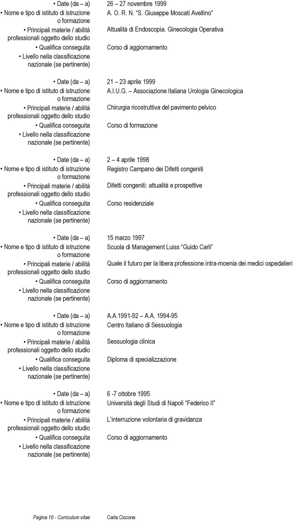 pavimento pelvico Qualifica conseguita Corso di formazione Date (da a) 2 4 aprile 1998 Nome e tipo di istituto di istruzione Registro Campano dei Difetti congeniti Principali materie / abilità