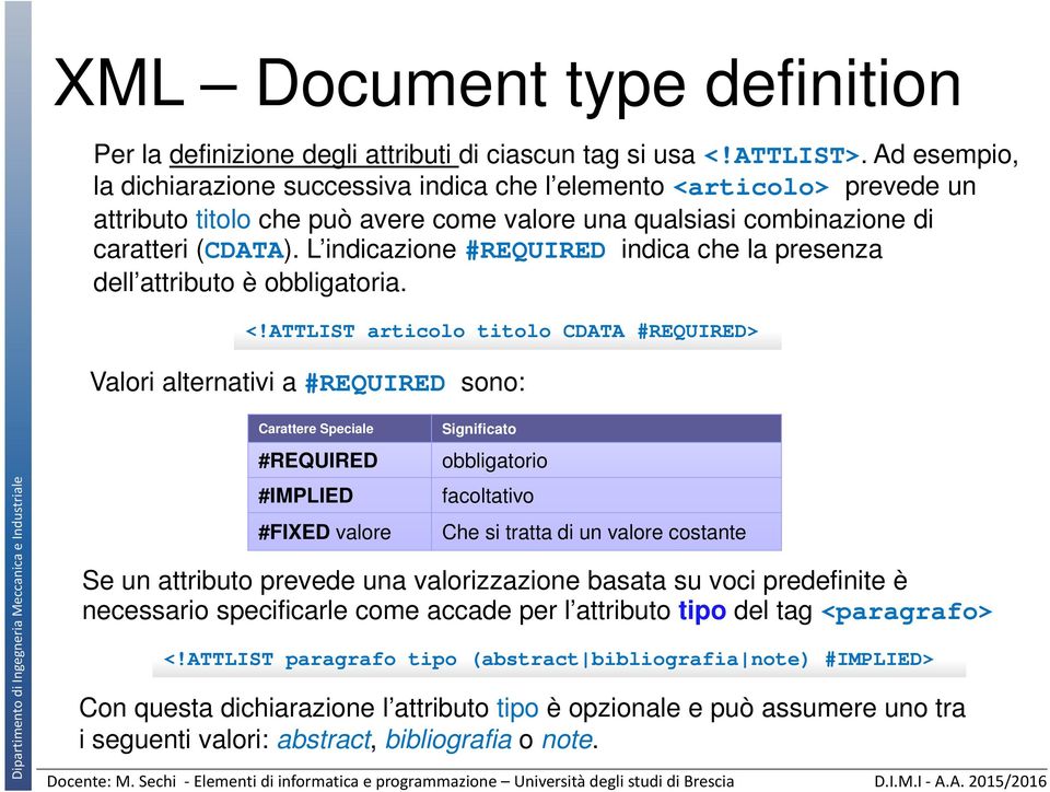 L indicazione #REQUIRED indica che la presenza dell attributo è obbligatoria. <!