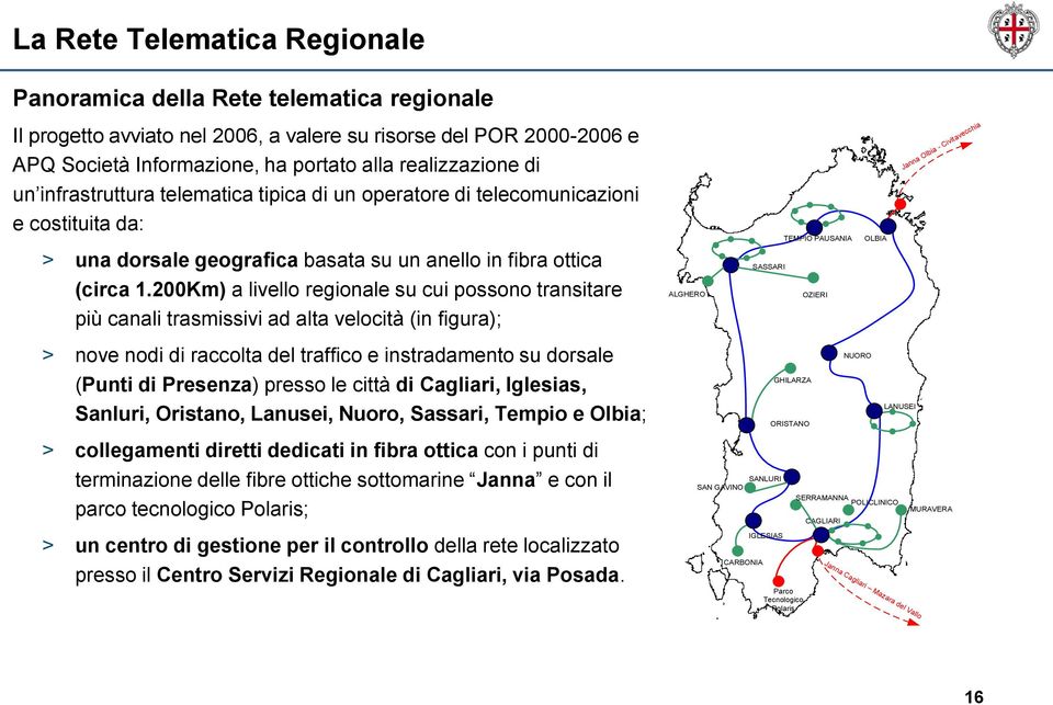 nodi di raccolta del traffico e instradamento su dorsale LANUSEI Sanluri, Oristano, Lanusei, Nuoro, Sassari, Tempio e Olbia; ORISTANO SANLURI terminazione delle fibre ottiche sottomarine Janna e con