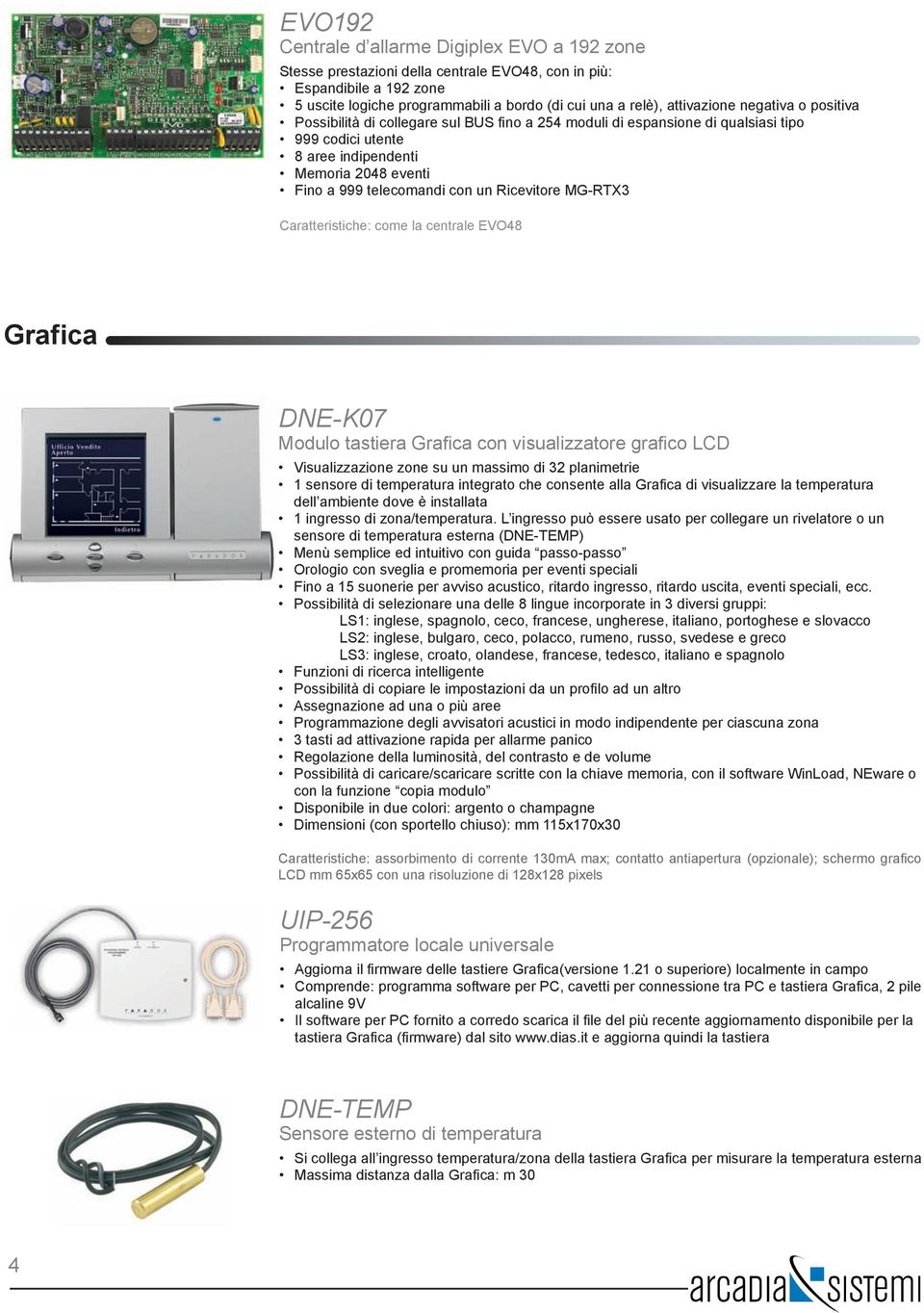 Ricevitore MG-RTX3 Caratteristiche: come la centrale EVO48 Grafica DNE-K07 Modulo tastiera Grafica con visualizzatore grafico LCD Visualizzazione zone su un massimo di 32 planimetrie 1 sensore di