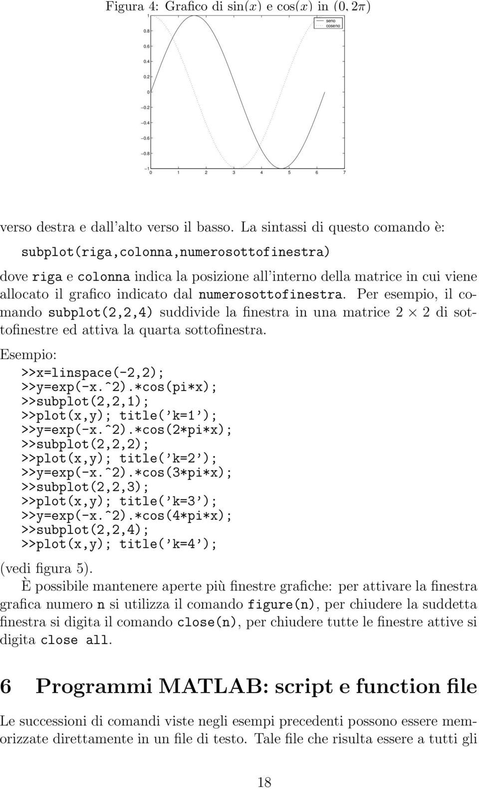 numerosottofinestra. Per esempio, il comando subplot(2,2,4) suddivide la finestra in una matrice 2 2 di sottofinestre ed attiva la quarta sottofinestra. >>x=linspace(-2,2); >>y=exp(-x.^2).