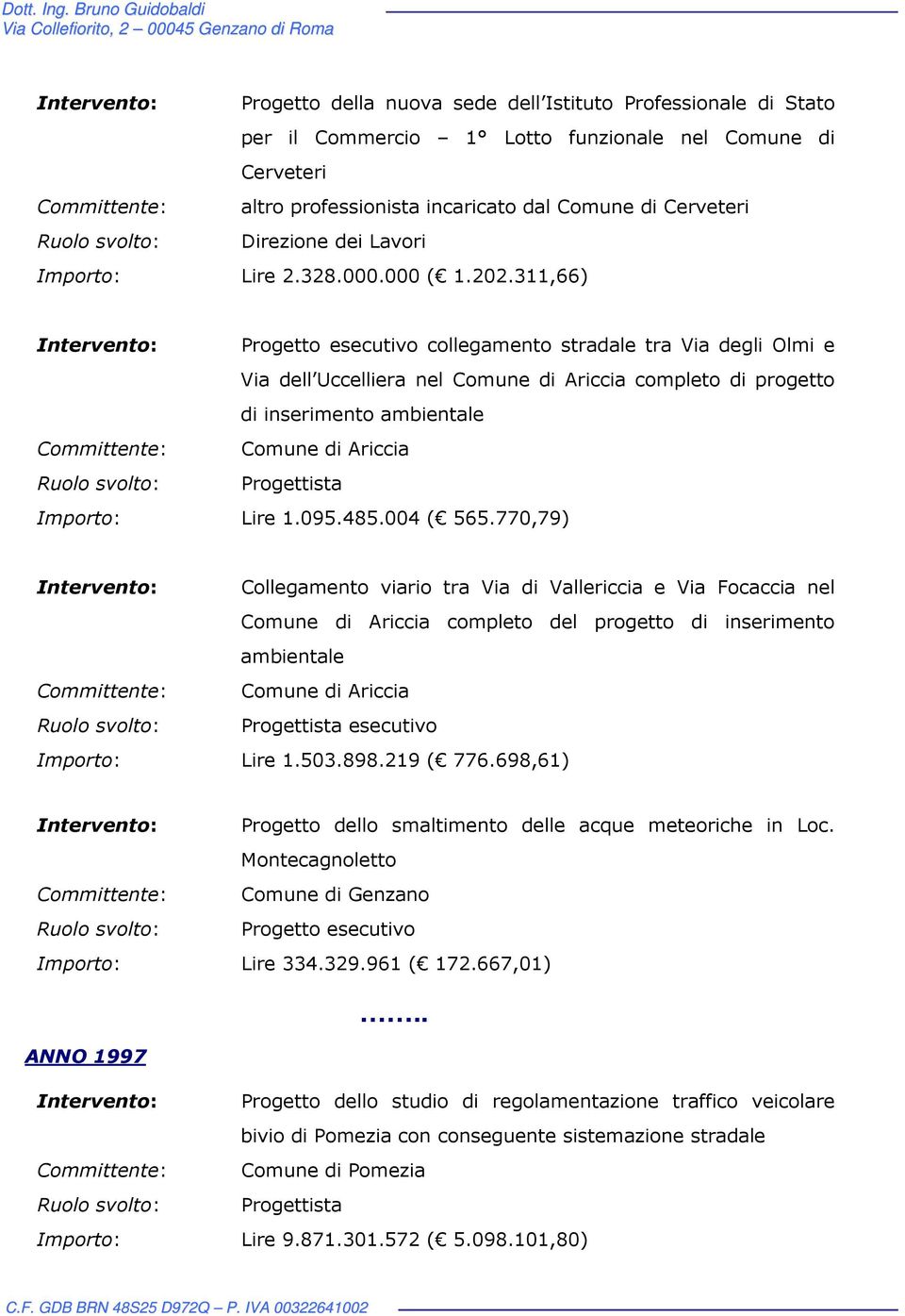 311,66) Intervento: Progetto esecutivo collegamento stradale tra Via degli Olmi e Via dell Uccelliera nel Comune di Ariccia completo di progetto di inserimento ambientale Committente: Comune di