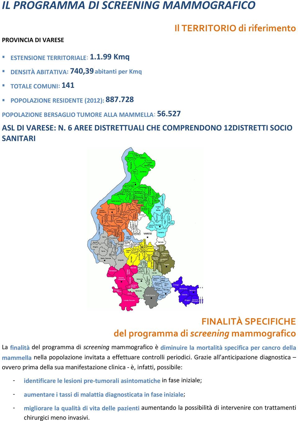 6 AREE DISTRETTUALI CHE COMPRENDONO 12DISTRETTI SOCIO SANITARI FINALITÀ SPECIFICHE del programma di screening mammografico La finalità del programma di screening mammografico è diminuire la mortalità