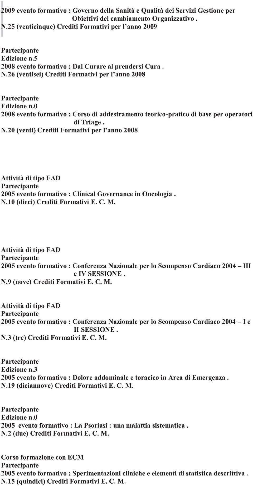 10 (dieci) Crediti Formativi E. C. M. Attività di tipo FAD 2005 evento formativo : Conferenza Nazionale per lo Scompenso Cardiaco 2004 III e IV SESSIONE. N.9 (nove) Crediti Formativi E. C. M. Attività di tipo FAD 2005 evento formativo : Conferenza Nazionale per lo Scompenso Cardiaco 2004 I e II SESSIONE.