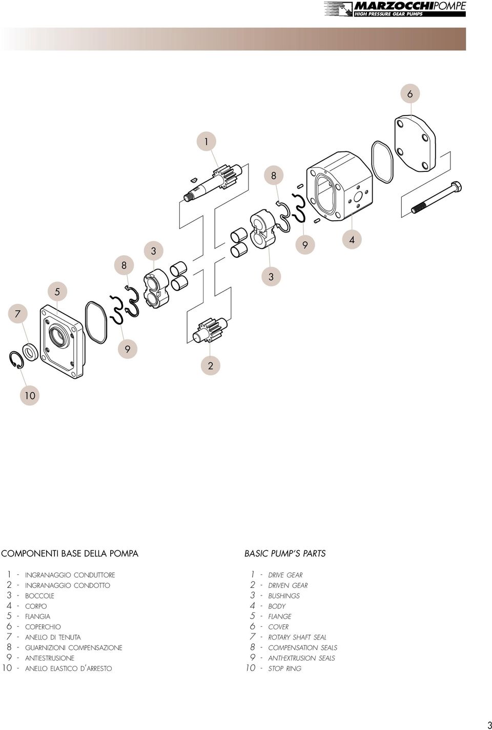 ANTIESTRUSIONE 10 - ANELLO ELASTICO D ARRESTO BASIC PUMP S PARTS 1 - DRIVE GEAR 2 - DRIVEN GEAR 3 - BUSHINGS