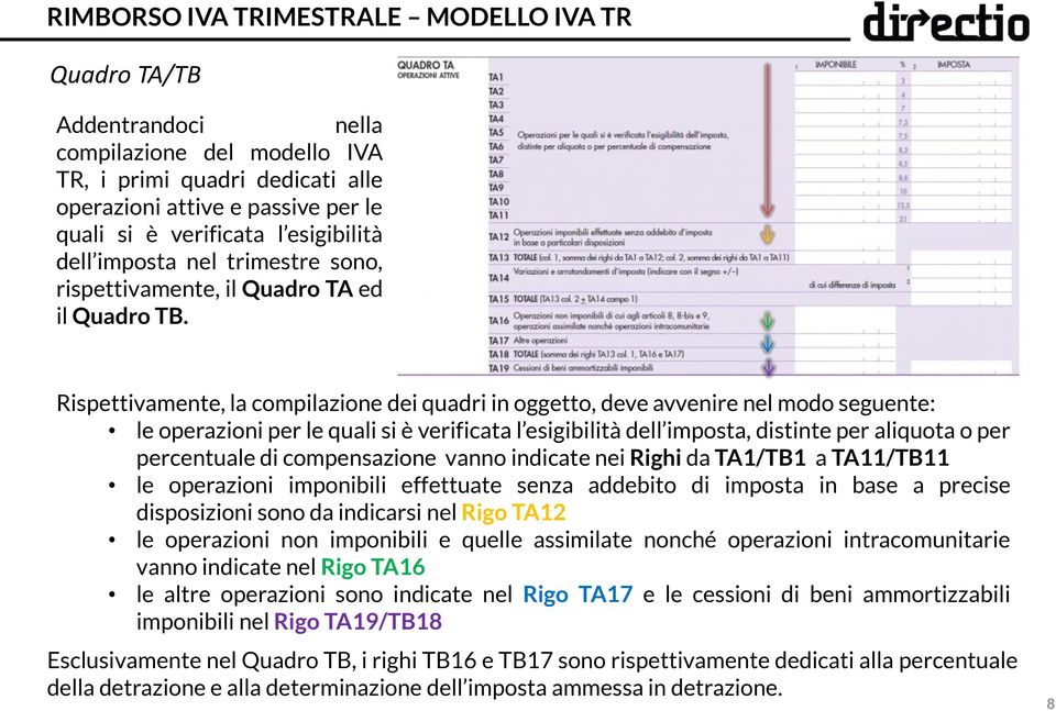 Rispettivamente, la compilazione dei quadri in oggetto, deve avvenire nel modo seguente: le operazioni per le quali si è verificata l esigibilità dell imposta, distinte per aliquota o per percentuale