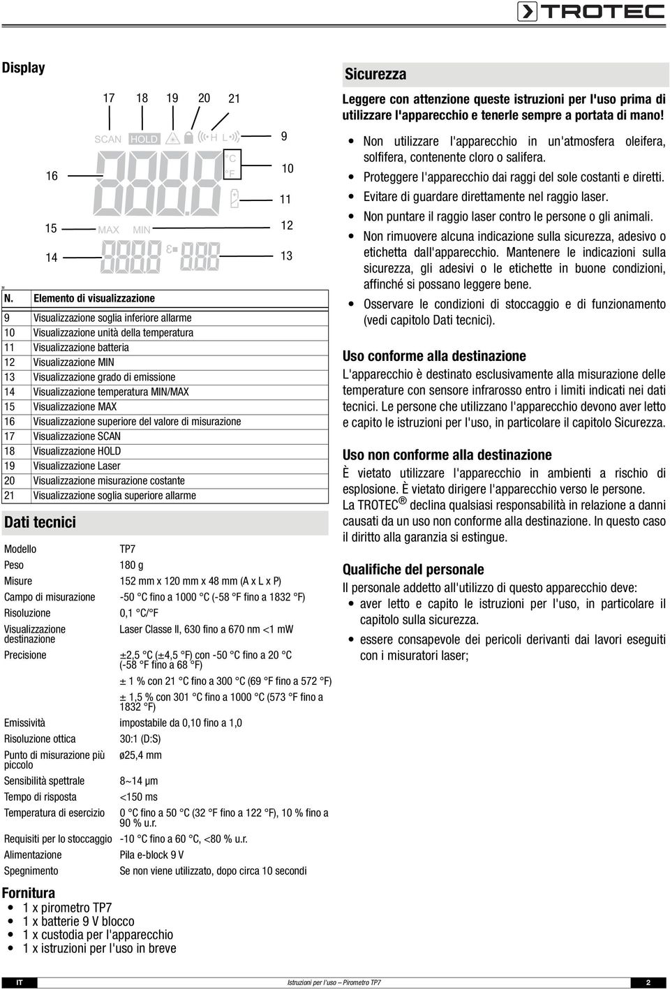 emissione 14 Visualizzazione temperatura MIN/MAX 15 Visualizzazione MAX 16 Visualizzazione superiore del valore di misurazione 17 Visualizzazione SCAN 18 Visualizzazione HOLD 19 Visualizzazione Laser