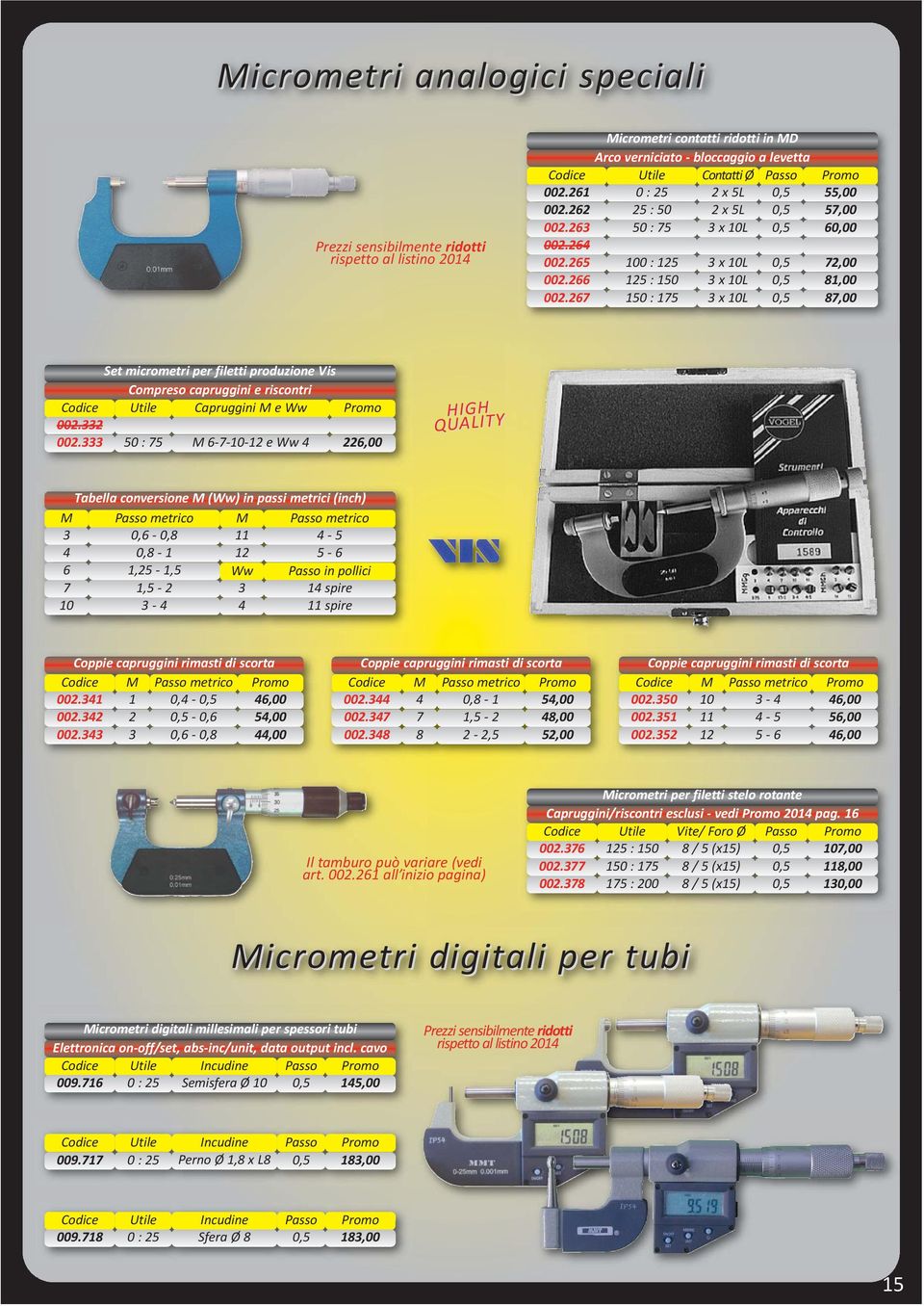 267 150 : 175 3 x 10L 0,5 87,00 Set micrometri per filetti produzione Vis Compreso capruggini e riscontri Capruggini M e Ww 002.332 002.