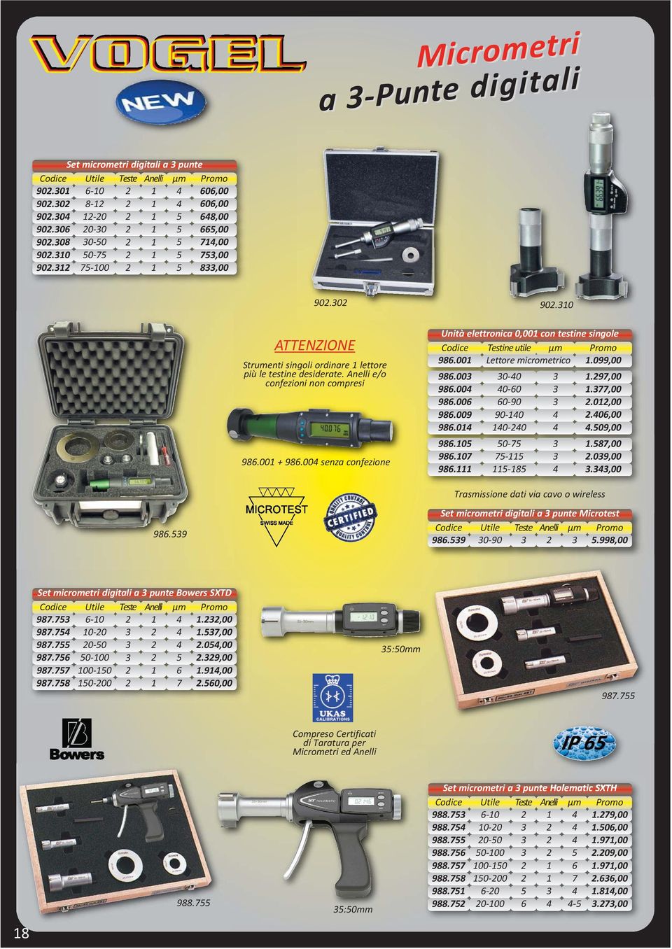 Anelli e/o confezioni non compresi 986.001 + 986.004 senza confezione Unità elettronica 0,001 con testine singole Testine utile µm 986.001 Lettore micrometrico 1.099,00 986.003 30-40 3 1.297,00 986.