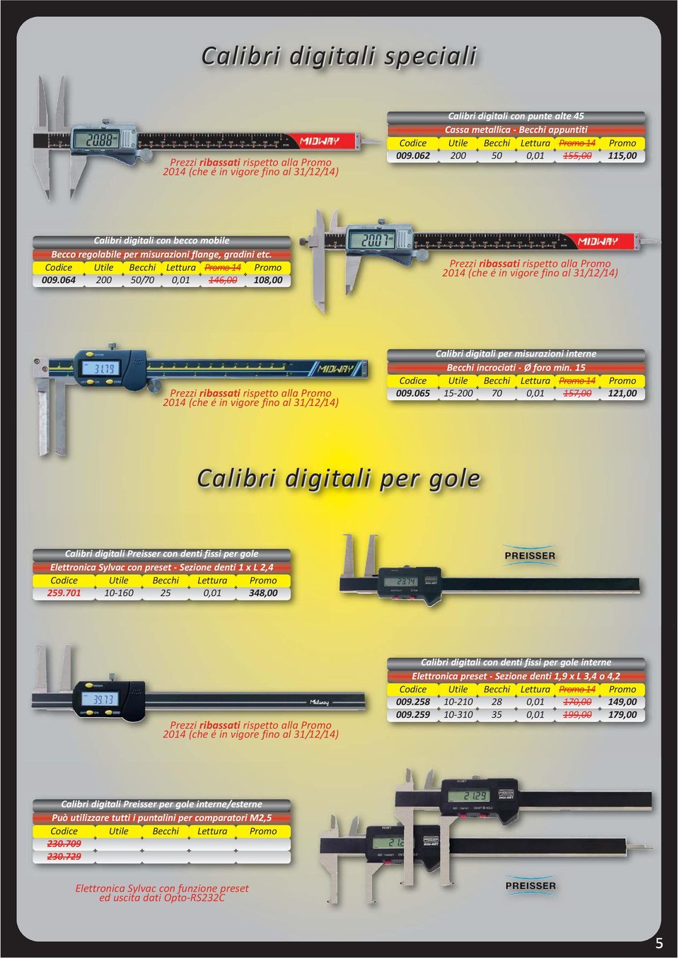 gradini etc. 14 009.064 200 50/70 0,01 146,00 108,00 Calibri digitali per misurazioni interne Becchi incrociati - Ø foro min. 15 14 009.