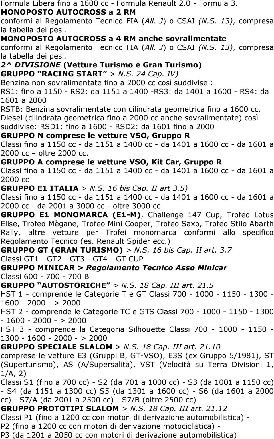 2^ DIVISIONE (Vetture Turismo e Gran Turismo) GRUPPO RACING START > N.S. 24 Cap.