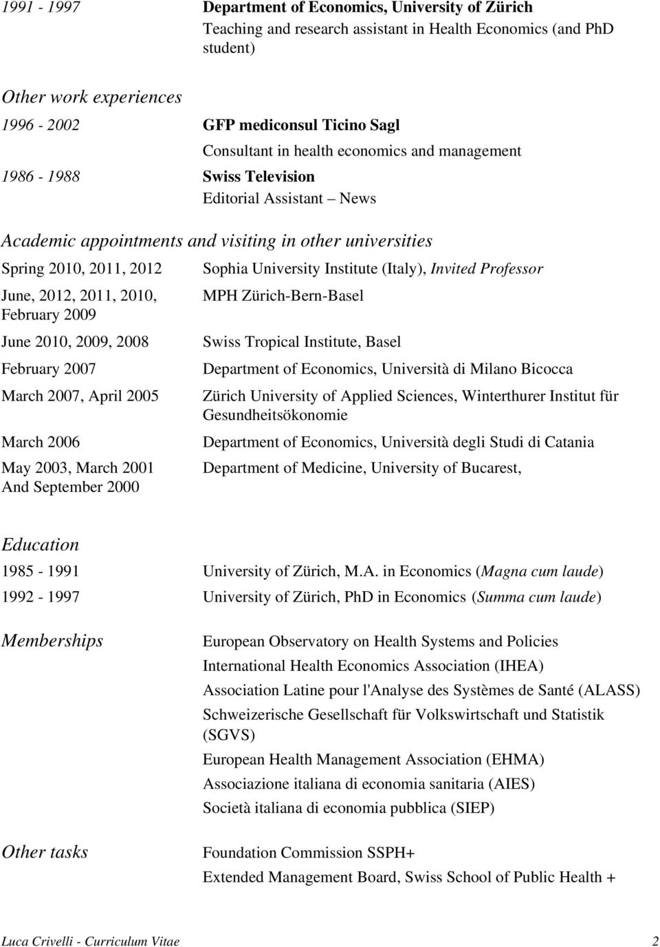 2009 June 2010, 2009, 2008 February 2007 March 2007, April 2005 March 2006 May 2003, March 2001 And September 2000 Sophia University Institute (Italy), Invited Professor MPH Zürich-Bern-Basel Swiss