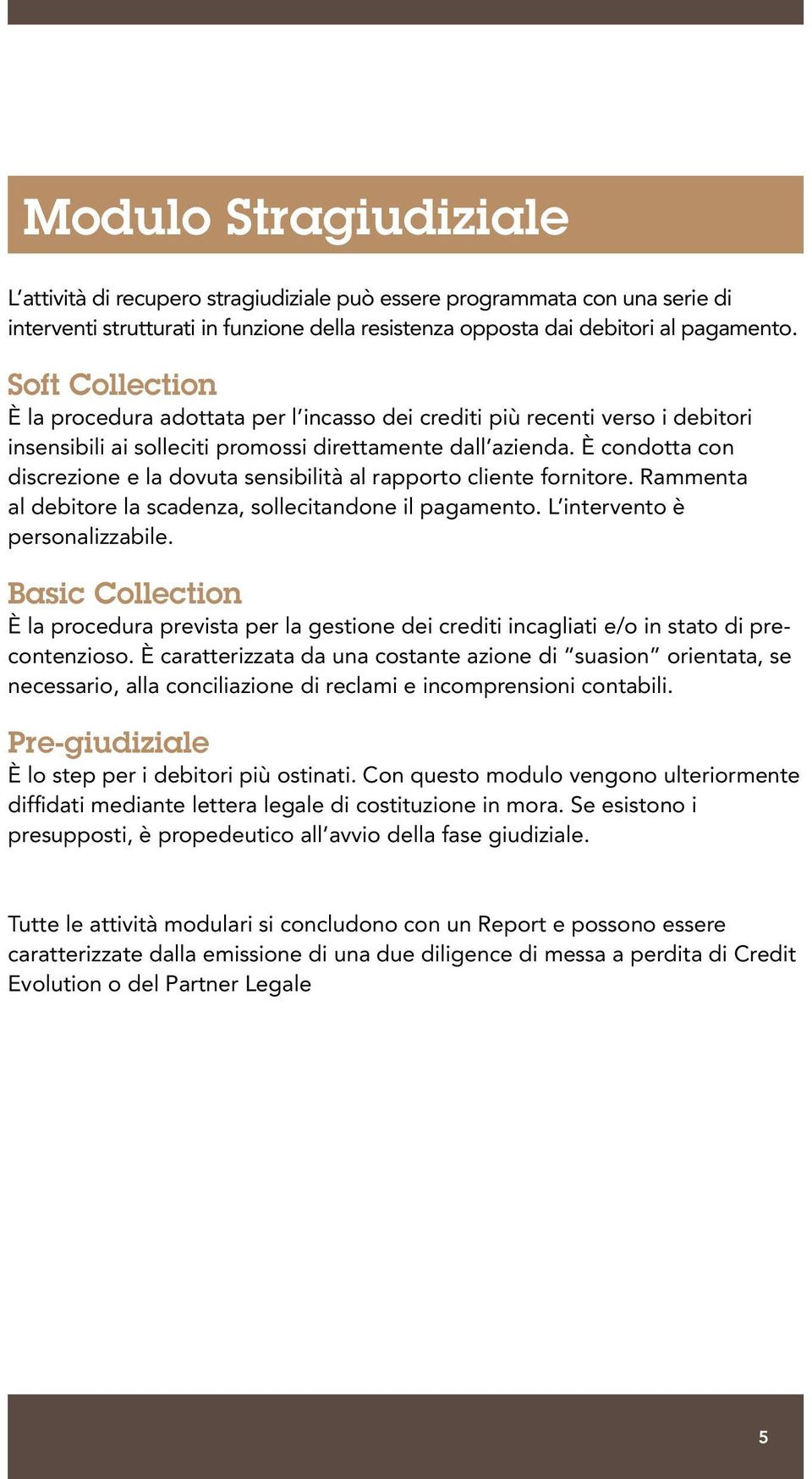 È condotta con discrezione e la dovuta sensibilità al rapporto cliente fornitore. Rammenta al debitore la scadenza, sollecitandone il pagamento. L intervento è personalizzabile.