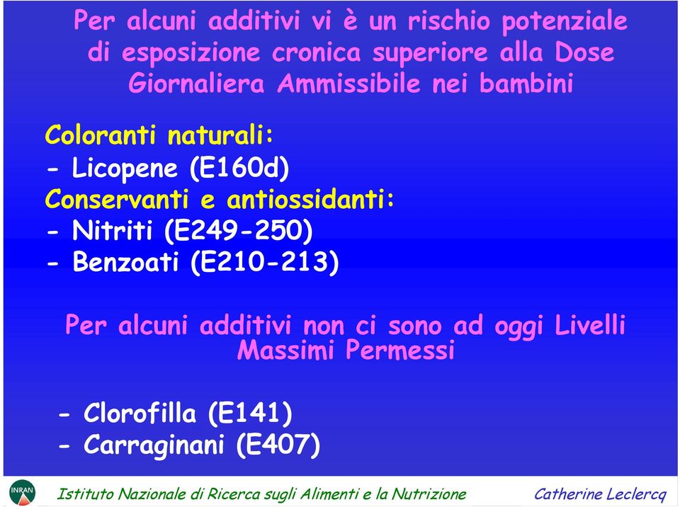 antiossidanti: - Nitriti (E249-250) - Benzoati (E210-213) Per alcuni additivi non ci sono ad oggi