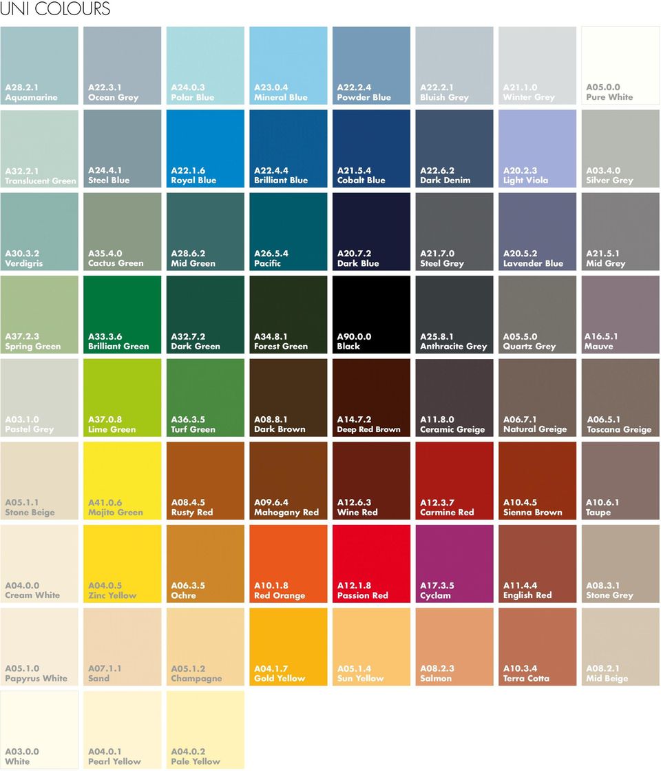 7.2 Dark Blue A21.7.0 Steel Grey A20.5.2 Lavender Blue A21.5.1 Mid Grey A37.2.3 Spring Green A33.3.6 Brilliant Green A32.7.2 Dark Green A34.8.1 Forest Green A90.0.0 Black A25.8.1 Anthracite Grey A05.