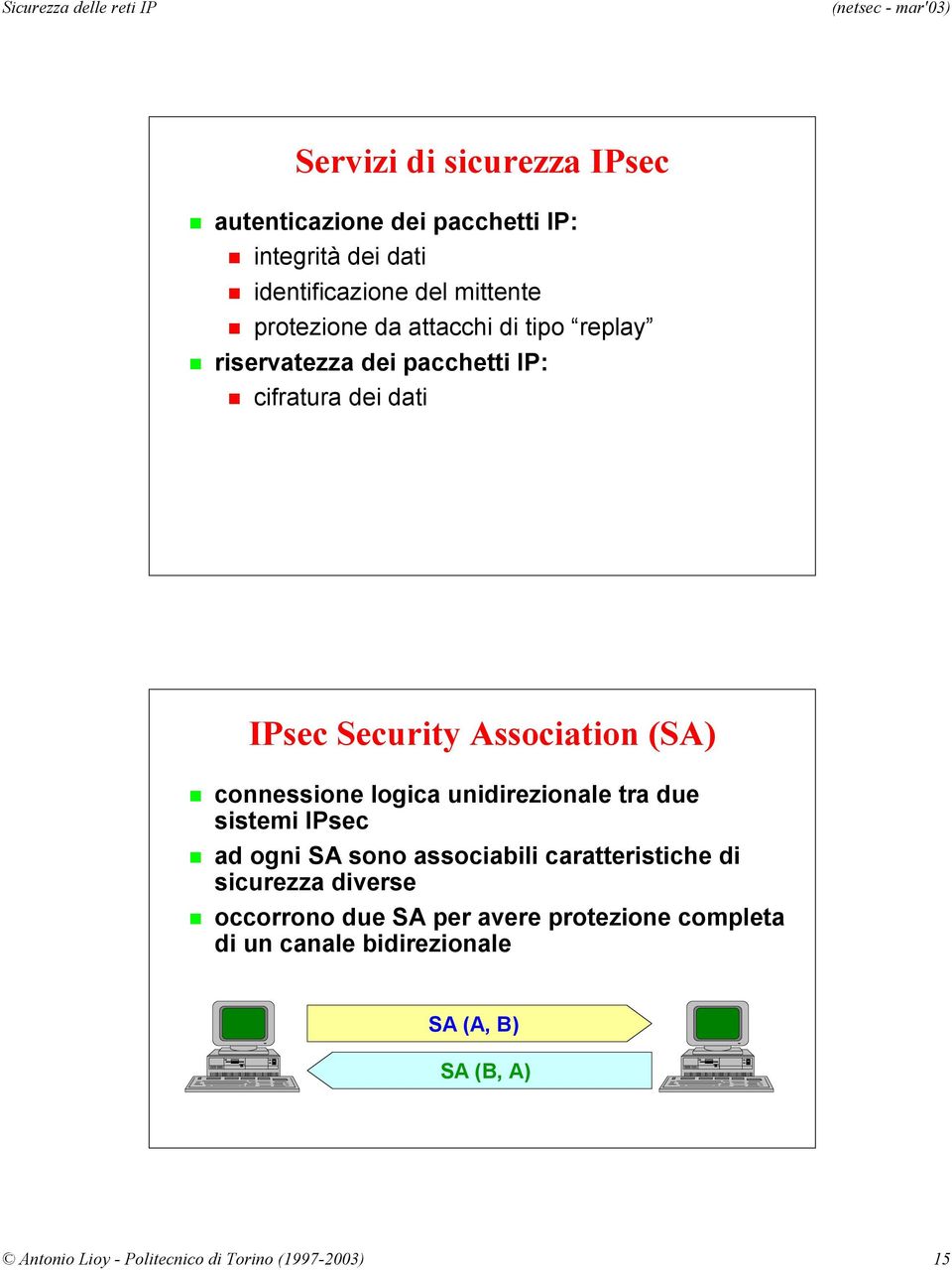 logica unidirezionale tra due sistemi IPsec ad ogni SA sono associabili caratteristiche di sicurezza diverse occorrono due