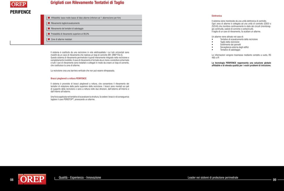 da un cavo di rilevamento che realizza un loop di corrente (Rif. OREP Filo E). Questo sistema di rilevamento perimetrale è quindi interamente integrato nella recinzione e completamente invisibile.
