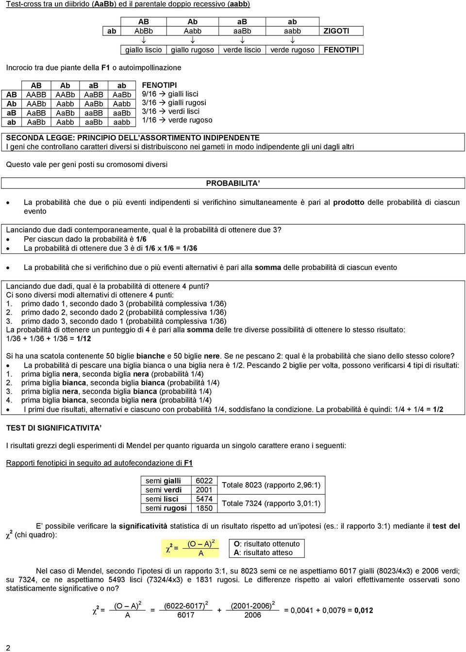 1/16 verde rugoso SECONDA LEGGE: PRINCIPIO DELL ASSORTIENTO INDIPENDENTE I geni che controllano caratteri diversi si distribuiscono nei gameti in modo indipendente gli uni dagli altri Questo vale per